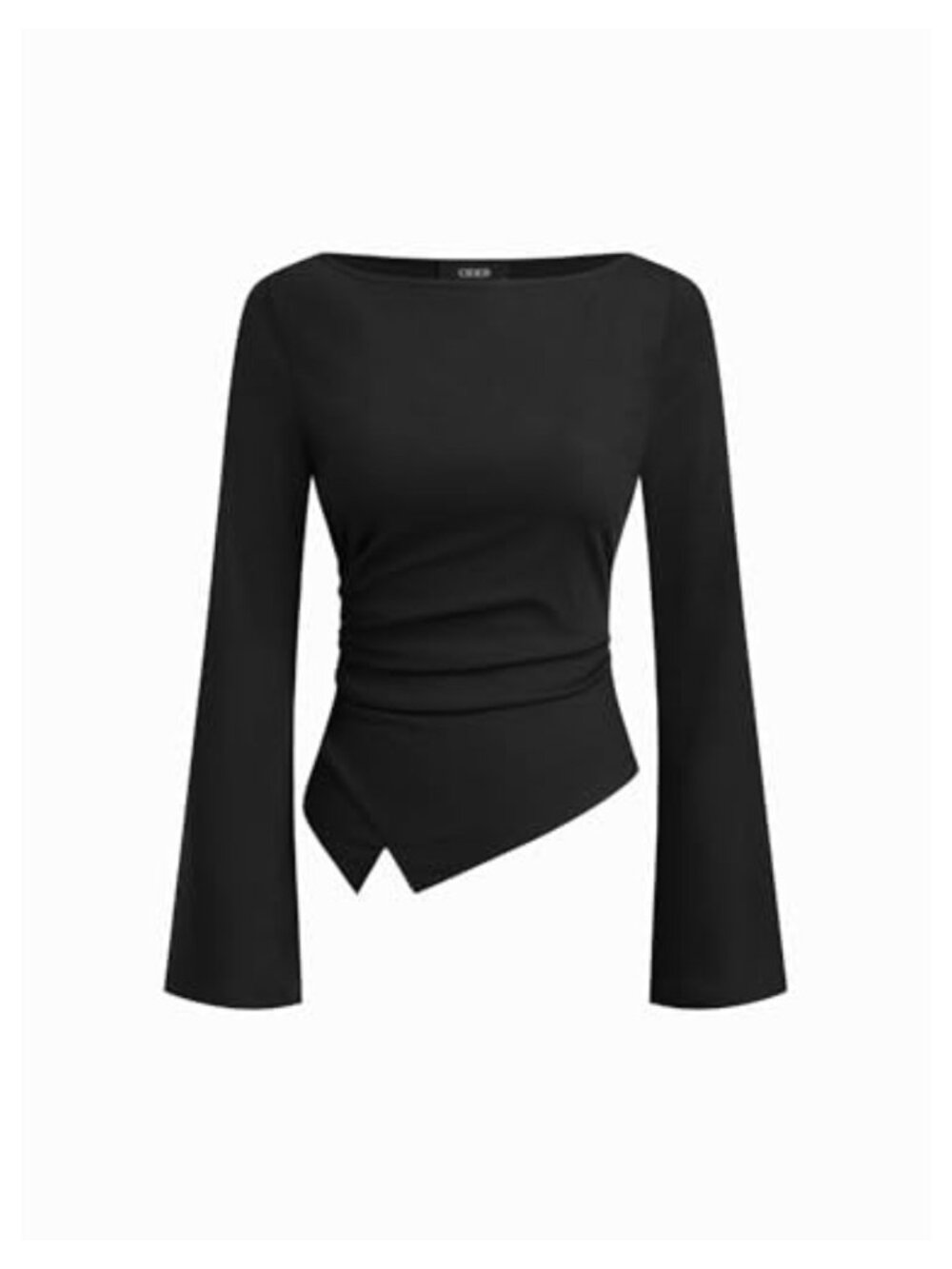 Ribbed Knit Long Sleeve Boat Neck Tunic Top Asymmetrical Hem Women's